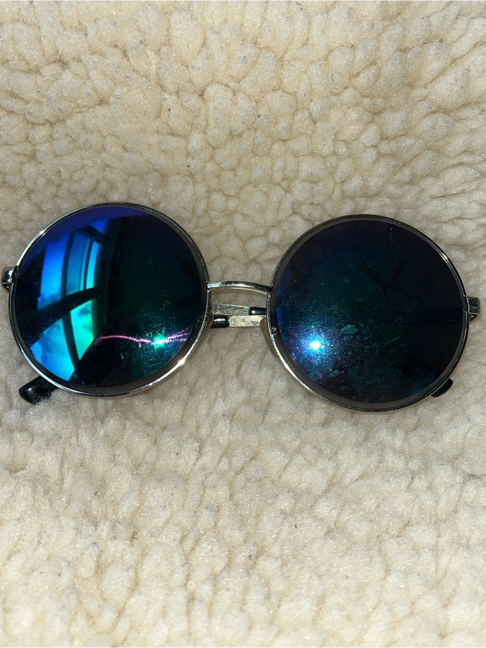 Round Mirrored Sunglasses Blue Green Lenses Silver Frame UV400 Protection
